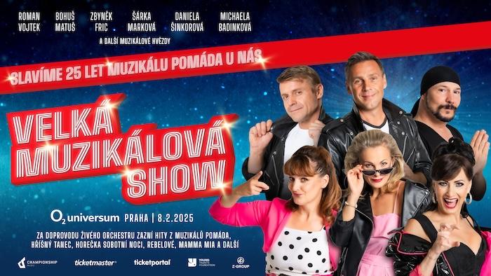 Velká muzikálová show nabídne 8. února 2025 v O2 universu oslavu 25 let muzikálu Pomáda u nás. Zazní i hity z Horečky sobotní noci, Hříšného tance a dalších muzikálů